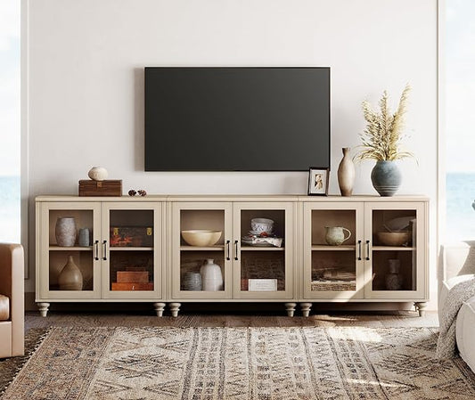 WAMPAT 100 Inch TV Stand with Glass Door, Wood TV Cabinet Entertainment Center for 75/80/85 Inch TV, 3-in-1 Kitchen Buffet Cabinet with 6 Storage Cabinets for Dining Room & Living Room, Light Oak