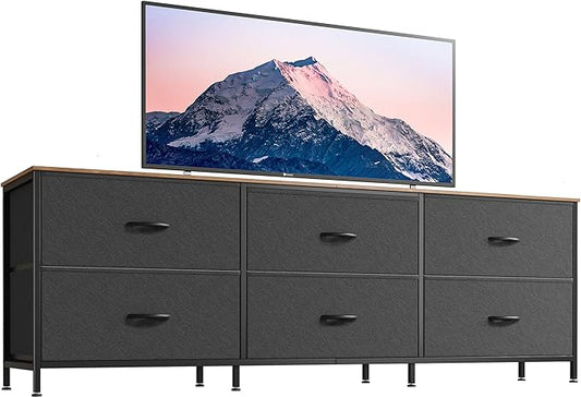 Huuger 63 Inch Long Dresser for Bedroom, Wide TV Stand for 55, 65, 70 Inch TV, 6 Drawer Dresser for Closet with Fabric Drawers, Storage Organizer for Bedroom, Entryway, Rustic Brown and Black