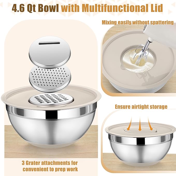 P&P CHEF Mixing Bowl with Lids Set of 3, Stainless Steel Nesting Salad Bowls for Serving Preparing, 3 Grater Attachments & Non-Slip Bottoms, Size 1.5/2.6/4.6 QT, Khaki