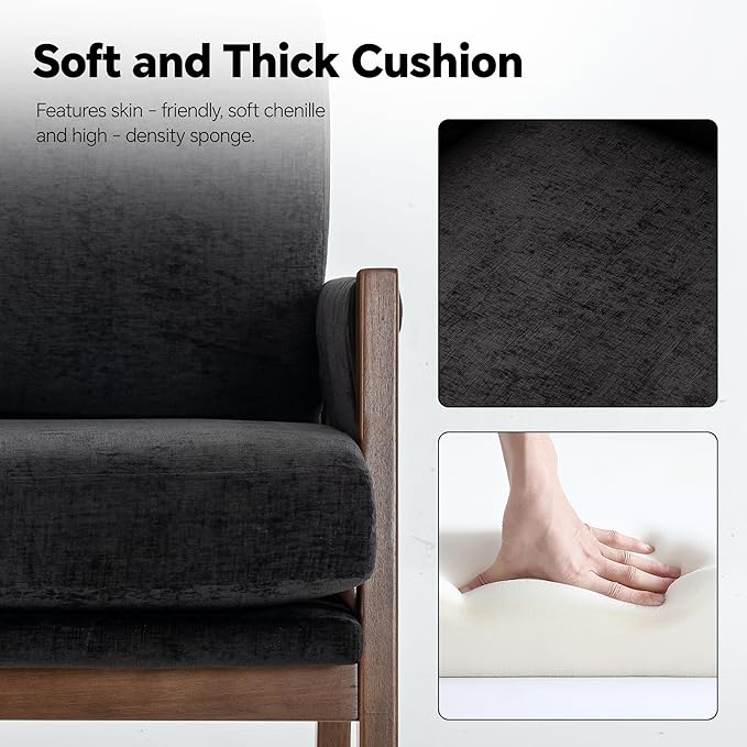 Mid Century Modern Accent Chair with Wood Frame, Upholstered Living Room Chairs with Wide Armrest, Chenille Fabric Comfy Arm Chair for Bedroom, Reading Room, Balcony (2, Black)