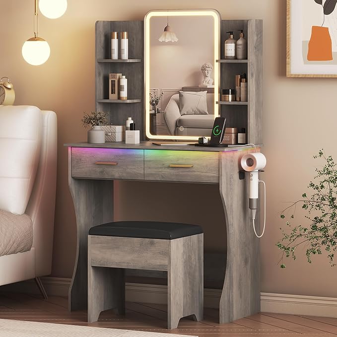 Vanity Desk with LED Lights Mirror & Power Outlet, Small Makeup Vanity Table Set with Storage Drawers & Chair, 3 Lighting Modes & Adjustable Brightness, Dressing Table for Women Girls Bedroom, Grey