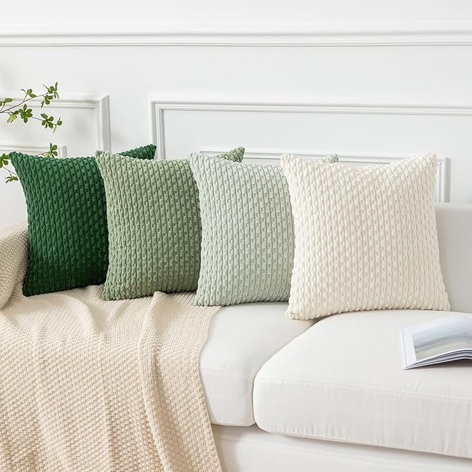 Kevin Textile Pillow Covers Decorative Set of 2 Striped Corduroy Plush Velvet Christma Pillowcases Cushion Cover for Couch 16x16 Inch Cream