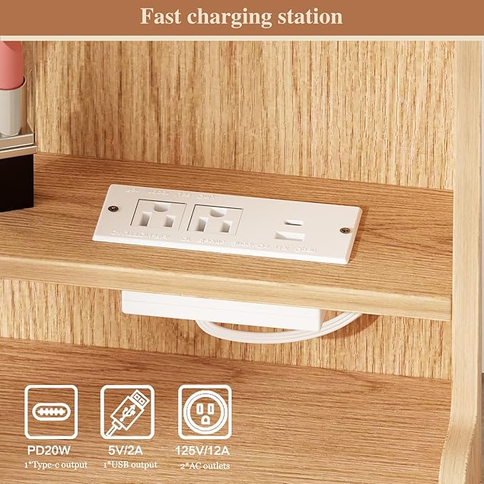 Large Makeup Vanity Desk with Mirror and Lights, Vanity Desk with 8 Drawers & Storage Shelves, Vanity Table with Power Outlet, 3 Color Modes & Adjustable Brightness Dressing Table, Bedroom,Oak