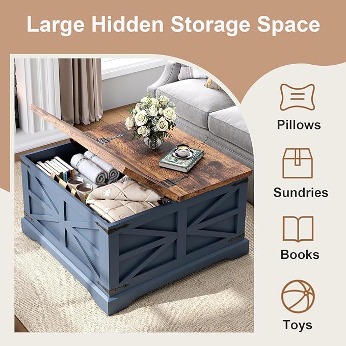 MXV Farmhouse Coffee Table with Storage, Square Coffee Tables for Living Room, Rustic Wood Center Table with Hinged Lifting Tabletop for Home, Blue