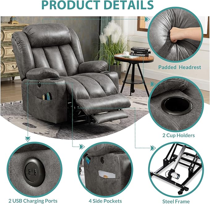 MEETWARM Large Power Lift Electric Recliner Chair with Extended Footrest for Big Tall Man, Overstuffed Wide Recliner with Massage and Heat, 2 Remote Controls/USB Ports/4 Side Pockets(Grey)
