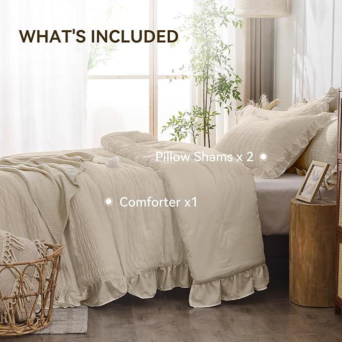 JOLLYVOGUE Beige King Comforter Set, 3 Pieces Seersucker Comforters King Size, Lightweight & Fluffy Bedding Sets for All Season with 1 Ruffle Comforter and 2 Ruffle Pillowshams