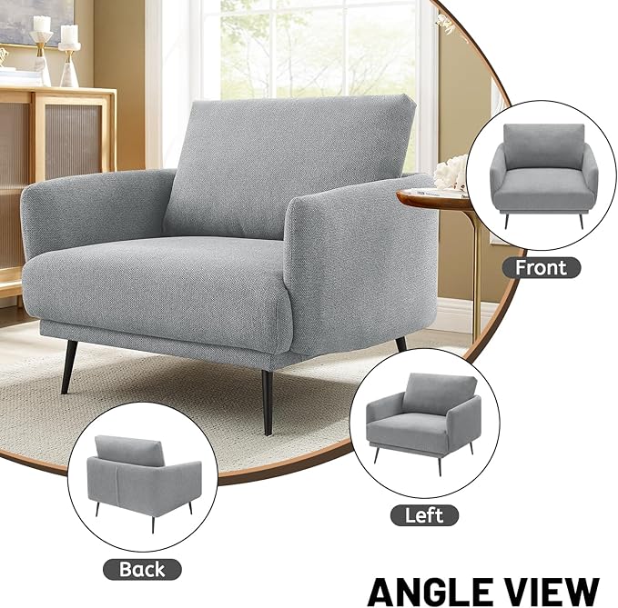Oversized Accent Chair for Living Room Chairs Reading Arm Chair Comfy Modern Single Sofa Side Chairs with Metal Legs & Soft Cushion for Bedroom, Balcony,Waiting Room (Polyester, Grey)