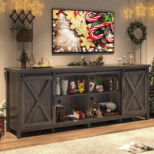 Farmhouse TV Stand for 80 Inch TV with Sliding Barn Door, Rustic Wood Entertainment Center Large Media Console Cabinet Long Television Stands,Console Table and Media Furniture for Living Room(Grey)