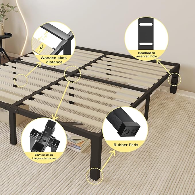 ROIL 14 inch King Bed Frames Wood with Wooden Slats - 3500lbs Heavy Duty No Box Spring Needed Metal Platform, Mattress Stoppers Iron Noise Free Bedframe, Headboard Hole Underneath Storage