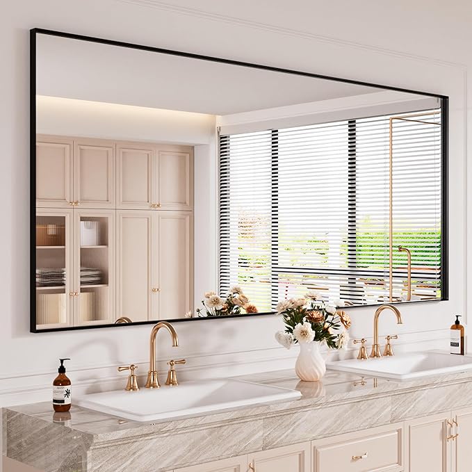 Bathroom Mirror Black,72x32 Inch Large Matte Black Bathroom Vanity Mirror,Rectangle, Square Corner, Anti-Rust,Shatter-Proof, Bedroom, Living Room, Entryway, Wall-Mounted(Horizontal/Vertical)