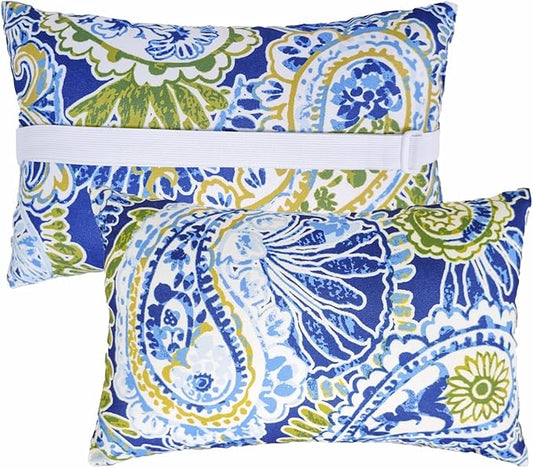 JMGBird Outdoor Pillow for Chaise Lounge Chair Set of 2 Waterproof Headrest Pillow Lumbar Pillows with Insert & Adjustable Elastic Strap for Beach Poolside Patio Office, 10x16 Inch