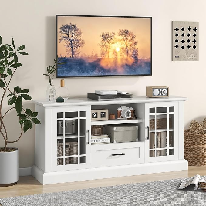 Tangkula Farmhouse TV Stand for TV up to 70 Inch, Tall Media Console Table with 2 Glass Doors, Entertainment Center with Cubbies & Drawer, Storage Cabinet or Sideboard Buffet for Living Room (White)