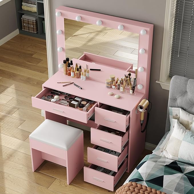 37" W Vanity Desk with Power Outlet, Makeup Vanity with Mirror and Lights, 3 Lighting Modes, Vanity Table with Chair for Bedroom, Dressing Room Studio, Pink