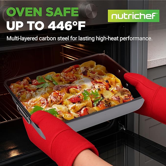 NutriChef 8-Piece Nonstick Stackable Bakeware Set – Non Toxic Carbon Steel Baking Trays W/Cookies Sheet Muffin, Loaf, Cake, Round & Square Pan – Easy To clean & Easy to Release, Oven Safe – Gray