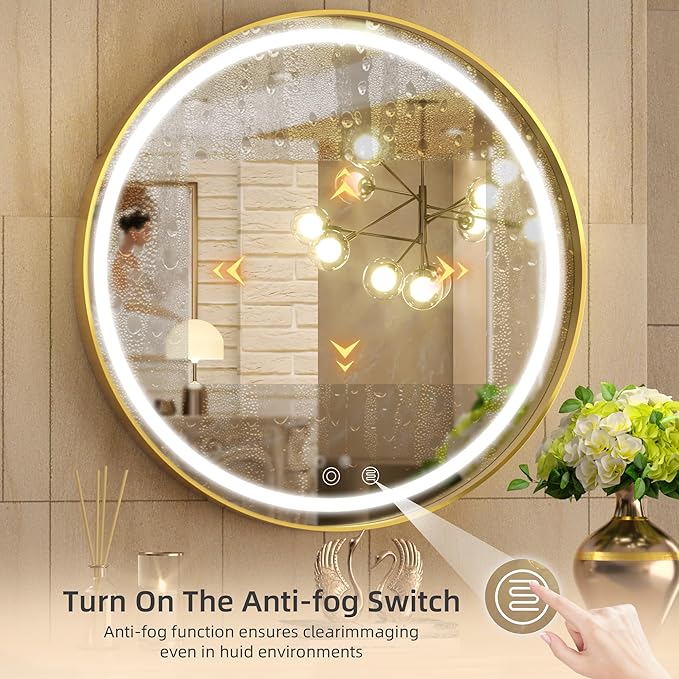 Hasipu 32 Round LED Mirror for Bathroom with Lights, Gold Circle Vanity Mirror for Wall, Metal Framed Frontlit Bathroom Mirrors Anti-Fog, Dimmable, 3 Colors Makeup Mirror Wall Mounted