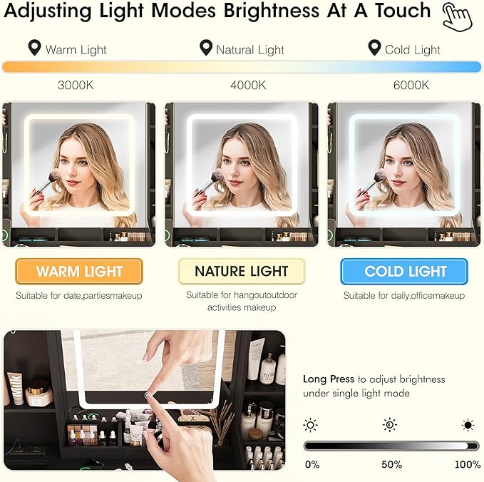 Vabches Vanity Desk with Lights, Makeup Vanity Table with Charging Station, 44.9in Big Vanity Set with 5 Drawers & Lots Storage Space, Black