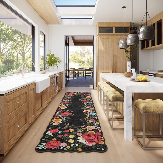 Hallway Rug 2'6''x10' Long Washable Floral Hallway Runner Rug Boho Vintage Low Pile Carpet for Entryway, Laundry Room High Traffic Areas, Indoor Rug for Bathroom (Black