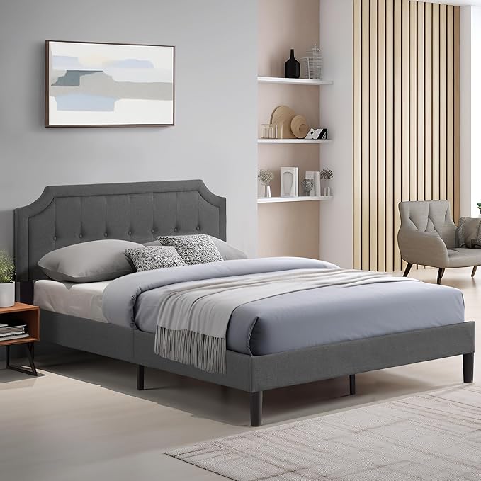 VECELO Queen Size Platform Bed Frame with Fabric Upholstered Headboard and Wooden Slats Support, No Box Spring Needed/Easy Assembly,Grey