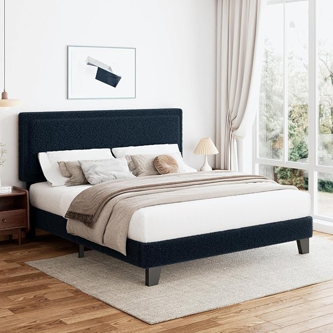 King Size Bed Frame and Headboard, Boucle Upholstered Platform Cloud Bed Frame with Headboard, Soft Teddy Fabric, Modern Style, No Box Spring Required, Easy Assembly, Blue-Black