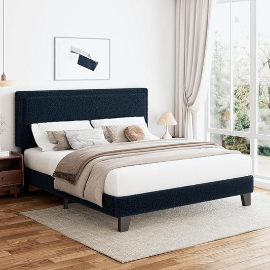 King Size Bed Frame and Headboard, Boucle Upholstered Platform Cloud Bed Frame with Headboard, Soft Teddy Fabric, Modern Style, No Box Spring Required, Easy Assembly, Blue-Black