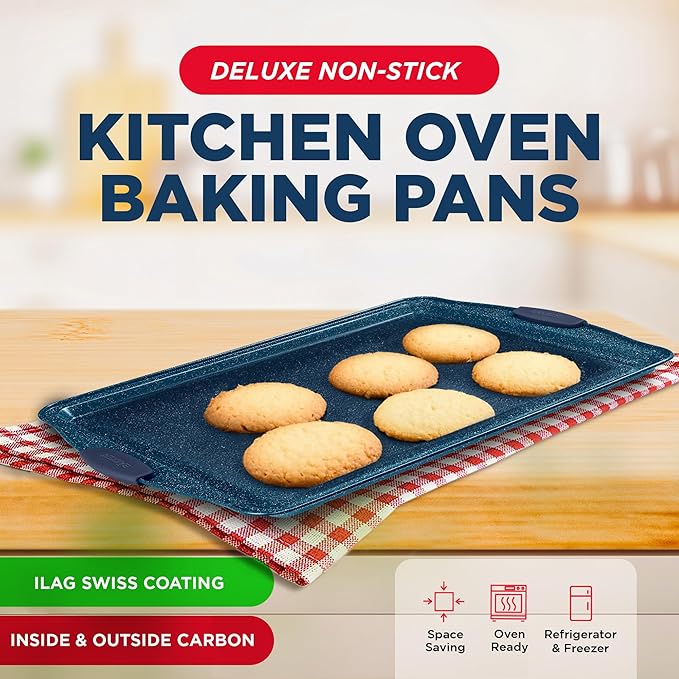 BAKKEN Kitchen Baking Pan Set - Nonstick Coating, Carbon Steel Bakeware Sets with Blue Silicone Handles, Baking Kitchen Essentials, PFOA, PFOS, PTFE Free, Oven Safe Tray (Up To 450° F), Set of 3