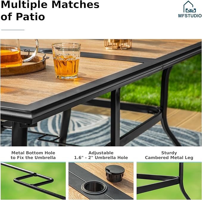 MFSTUDIO Patio Dining Set for 6, Patio Table and Chairs Set of 6 with Umbrella Hole, Outdoor Dining Set for Deck/Yard/Garden/Poolside