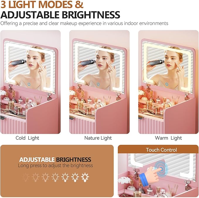 LED Fluted Compact Vanity Desk with Flip Top Mirror, 3 in 1 Small Makeup Table with Glass Desktop, Storage Compartment and Cushioned Stool with Wheels,3 Drawers, for Girl Bedroom Pink