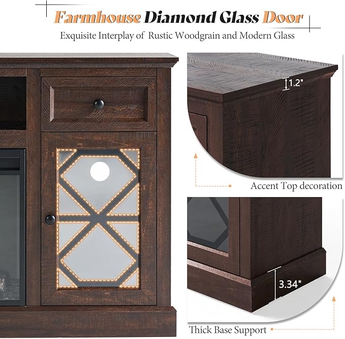 AMERLIFE Farmhouse 70" Fireplace TV Stand with 37" Fireplace, Large LED Media Entertainment Center for 80" TVs, 31" Tall Highboy TV Console Cabinet with Diamond Door for Living Room, Espresso