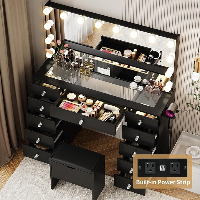 VOWNER Vanity with Lighted Mirror - Glass Top Makeup Vanity Desk with Lights and 11 Drawers, 3 Color Lighting Modes Adjustable Brightness, 46" Makeup Desk with Soft Cushioned Stool for Bedroom, Black