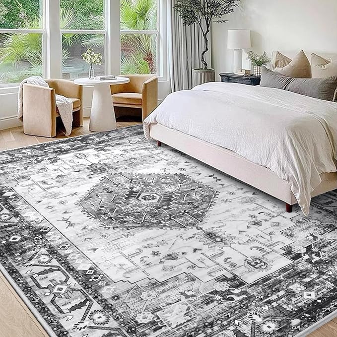 Washable Area Rugs for Living Room, Grey 4x6 Non Slip Vintage Floral Room Rug for Bedroom, Low Pile Indoor Carpet for Dining Room, Home Office, Kitchen, Dorm