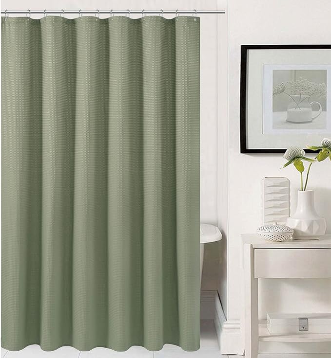 Barossa Design Extra Long Fabric Waffle Weave Shower Curtain 84 inch Height, Hotel Luxury Spa, Water Repellent, 230gsm Heavy Duty, Machine Washable, Sage Green Pique Pattern, 71x84