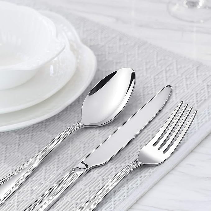 30-Piece Silverware Set, HaWare Stainless Steel Flatware Service for 6, Pearled Edge Tableware Cutlery Include Knife/Fork/Spoon, Beading Eating Utensil for Home, Mirror Polished, Dishwasher Safe