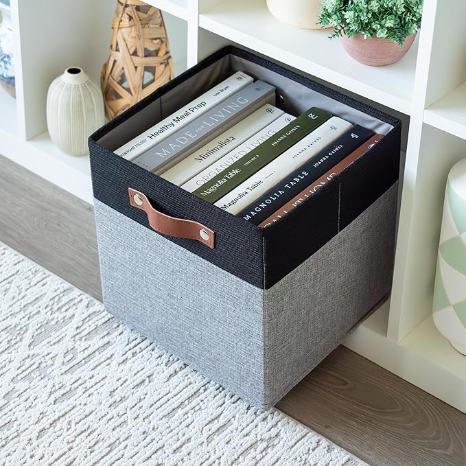 OrganiHaus 11x11 Cube Storage Bins - Set of 4, Fabric Cubby Bins with Vegan Handles, Square Storage Cubes in Gray/Black