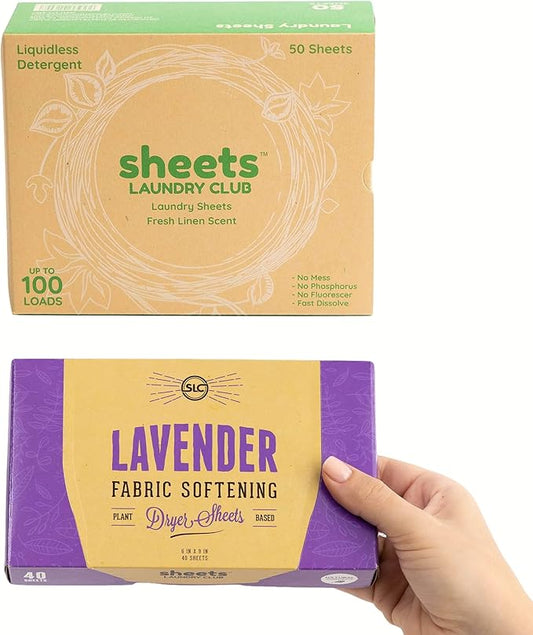 Sheets Laundry Club Bundle - 50 Pack (up to 100 loads) Fresh Linen Detergent Sheets & 40 Pack Lavender Dryer Sheets - New Liquidless Technology, Travel Essential Cleaning Supplies