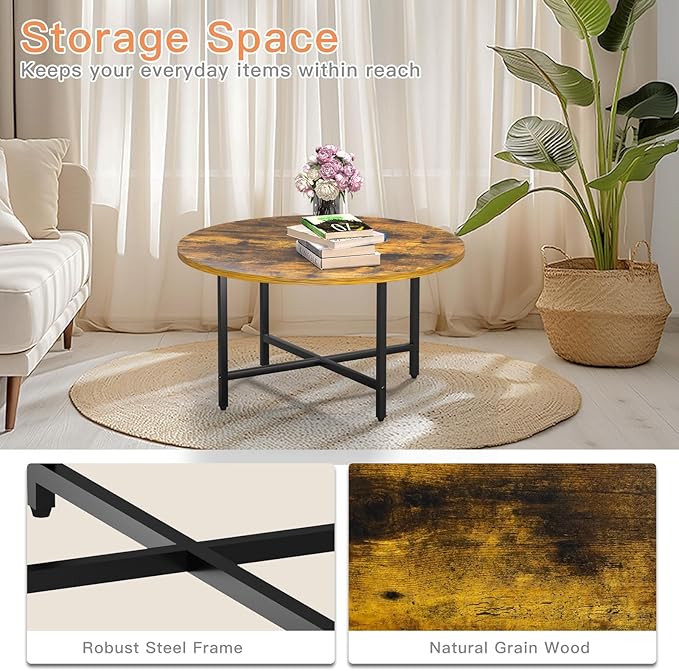 Round Coffee Table, 23.6" Small Coffee Tables for Living Room, Circle Coffee Table with Metal Frame, Floor Table Desk for Sitting on The Floor, Home, Office, Rustic Brown