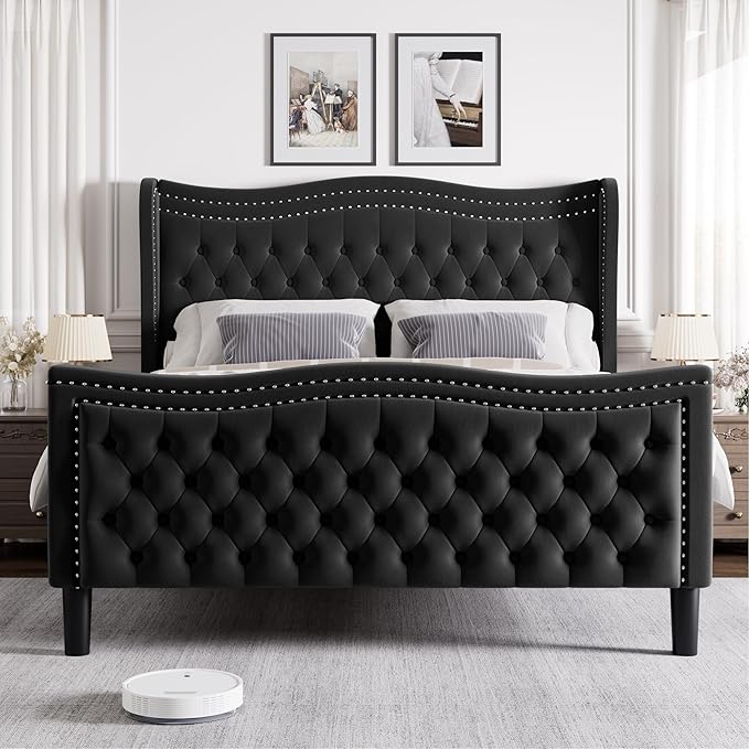 Full Bed Frame with Tall Headboard & Footboard, Velvet Upholstered Platform Bed Frame with Deep Button Tufted Wingback, No Box Spring Needed, Noise Free, Black