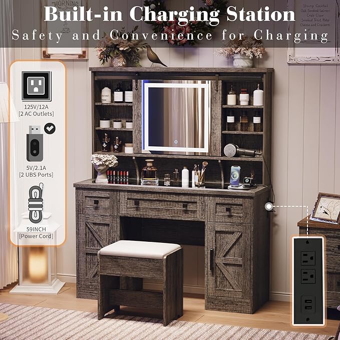 Farmhouse Makeup Vanity Desk with Sliding Mirror and Lights, 47'' Glass Tabletop Vanity Table with Charging Station, Large Vanity Set with Drawers, Stool, Barn Door Dressing Cabinets, Gray