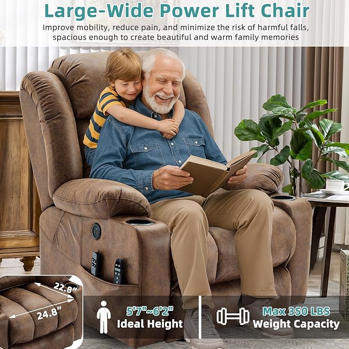 MEETWARM Oversized Dual Motor Lay Flat Power Lift Recliner Chair for Big Elderly with Heat Massage, Large Sleeping Electric Recliner with Extended Footrest, Lumbar Pillow, USB & Type-C Ports, Brown
