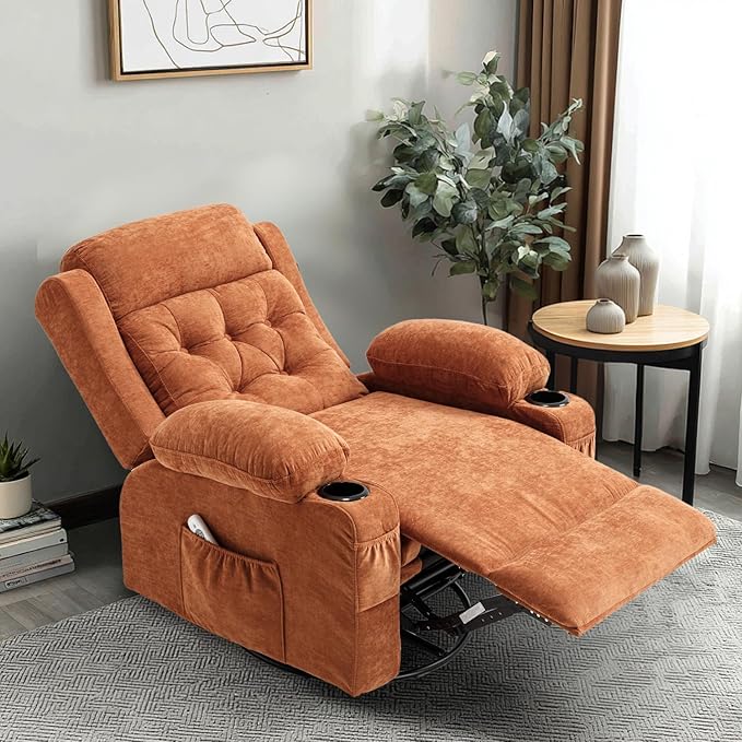 Overstuffed Rocker Recliner Chair with Massage and Heat, Mid Century Ergonomic Rocking Swivel Recliners Lounge Chair for Living Room, Manual Recliner Sofa Chairs with 2 Cup Holders, USB
