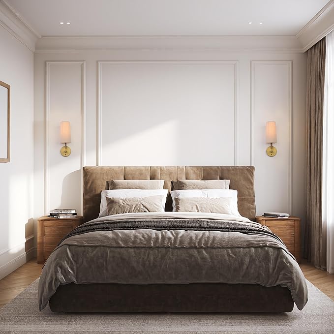 Brass Wall Sconces Set of Two, Hardwired Linen Fabric Shade Wall Lamps, Bathroom Vanity Lights Fixture with Switch, Indoor Wall Lights for Bedroom Living Room Corridor