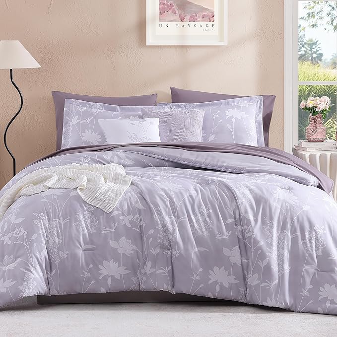 Full Comforter Set -7 Pieces Floral Purple Comforter Set for All Seasons, Bed in a Bag Full with Botanical Flowers Comforter, Sheets, Pillowcases & Shams