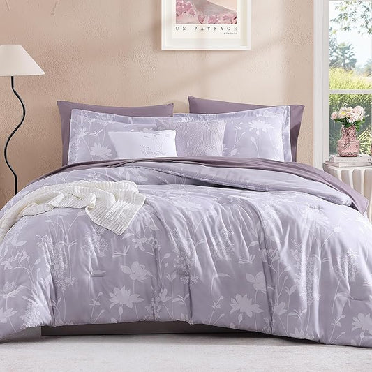 King Comforter Set -7 Pieces Floral Purple Comforter Set for All Seasons, Bed in a Bag King with Botanical Flowers Comforter, Sheets, Pillowcases & Shams