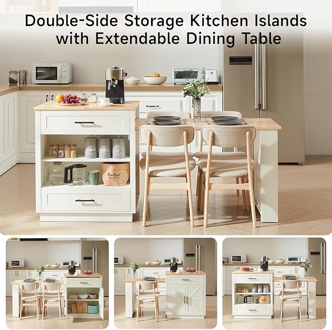 76" Kitchen Islands with Extendable Dining Table, 2-6 Island Table for Kitchen, Mobile Kitchen Table with Double-Side Storage, Kitchen Island on Wheels with Power Outlet & Spice Rack, White