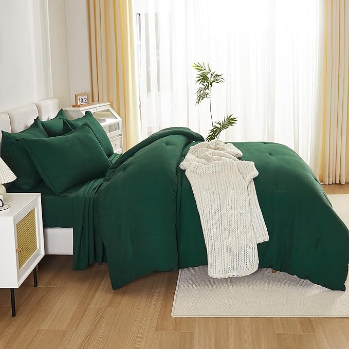 Litanika Queen Comforter Set Dark Emerald Green - 7 Pieces Bed in a Bag Queen Bedding Comforter Sets, Solid Lightweight Bed Set with Comforter, Sheets, Pillowcases & Shams