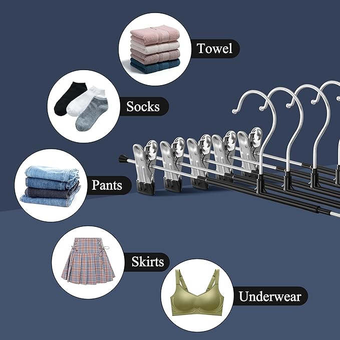 Pants Hangers with Clips 10 Pack 16Inch Adjustable Skirt Hanger for Women Non-Slip Trousers Hanger for Jeans Clothes Hangers for Pants Heavy Duty Space Saving Shorts Hangers,Black