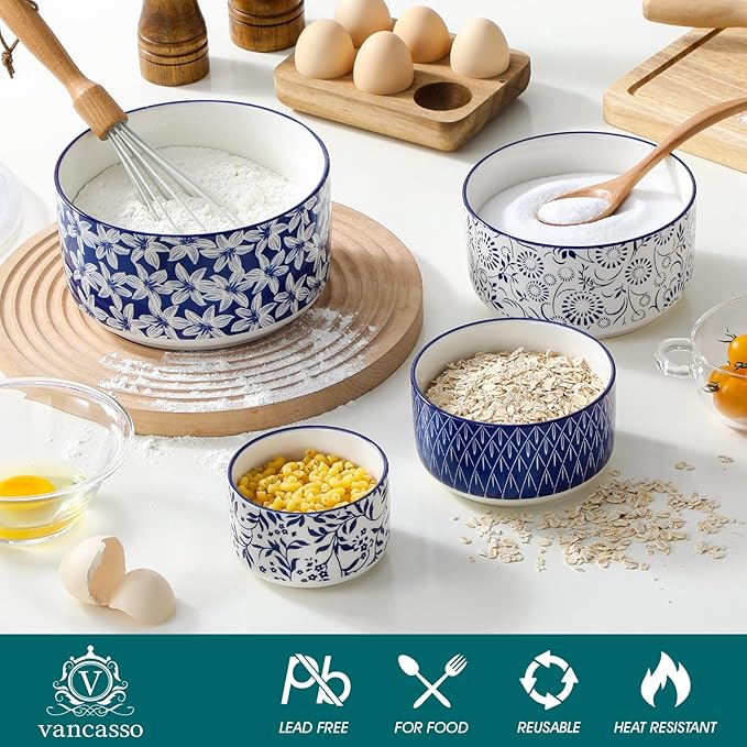 vancasso Ceramic Mixing Bowls with Lids Set of 4,Ceramic Serving Bowls,Nesting Bowls for Food Storage,Prep Bowl,Mixing Bowl for Kitchen,Microwave & Dishwasher Safe,Series SELENE,60+36+20+10 Oz