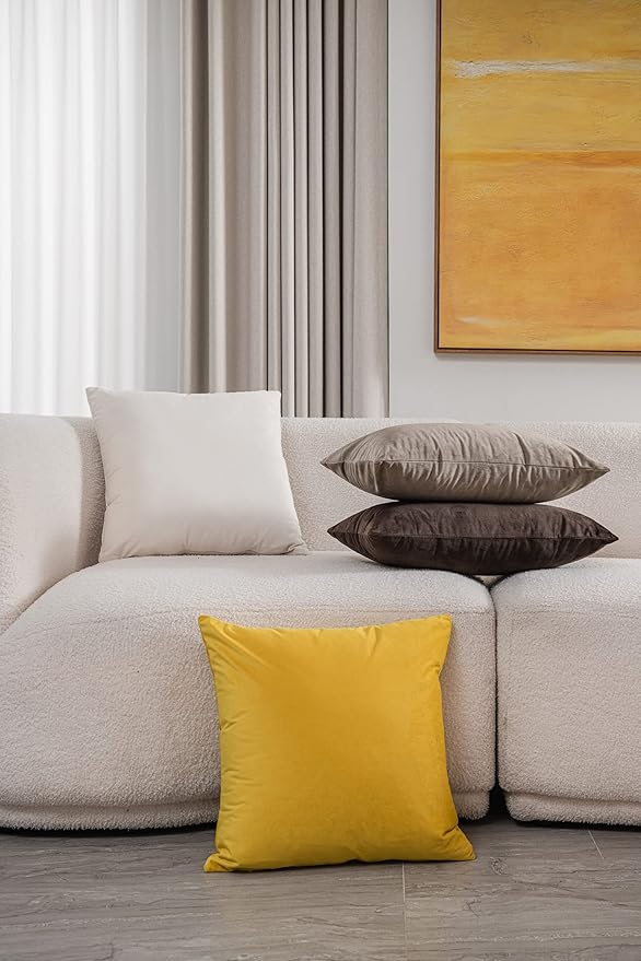 DEZENE Couch Pillow Covers 18x18 Yellow: 2 Pack Cozy Soft Velvet Square Throw Pillow Cases for Farmhouse Home Decor