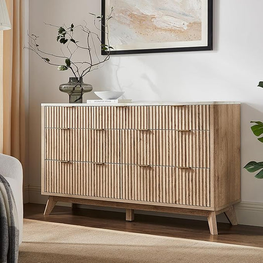 T4TREAM Fluted 7 Drawers Dresser, 54" Wide Modern Chest of Drawers with Faux Marble Top, Curved Profile Design, Dresser TV Stand, Wood Drawer Organizer for Bedroom, Living Room, Hallway, Natural Oak