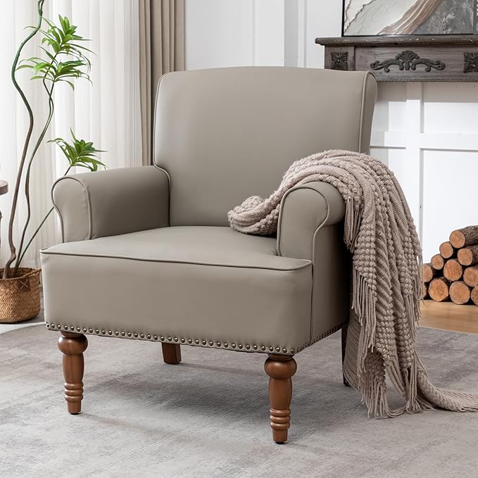 Accent Chair, Faux Leather Living Room Chairs with Nailhead Trim, Mid-Century Lounge Armchair with Solid Wood Legs, Comfy Reading Single Sofa for Bedroom, Waiting Room (Grey, 1 Chair)