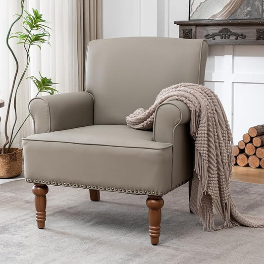 Accent Chair, Faux Leather Living Room Chairs with Nailhead Trim, Mid-Century Lounge Armchair with Solid Wood Legs, Comfy Reading Single Sofa for Bedroom, Waiting Room (Grey, 1 Chair)